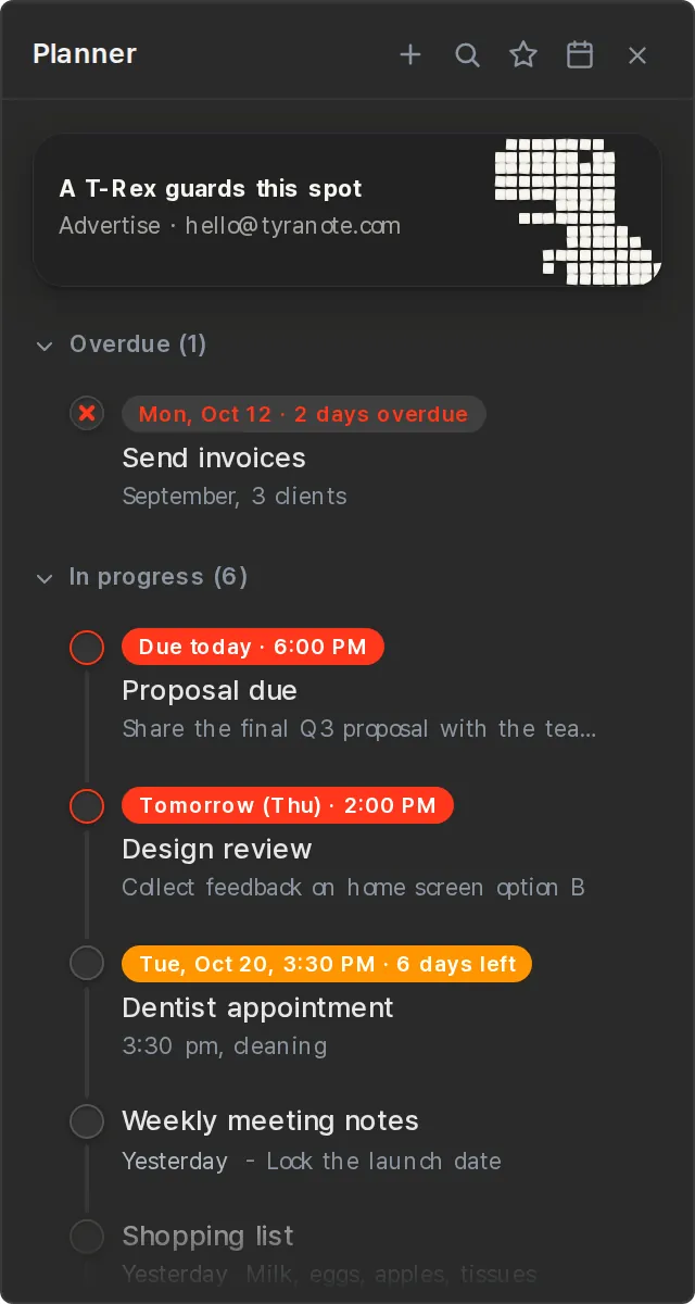 Planner window on PC