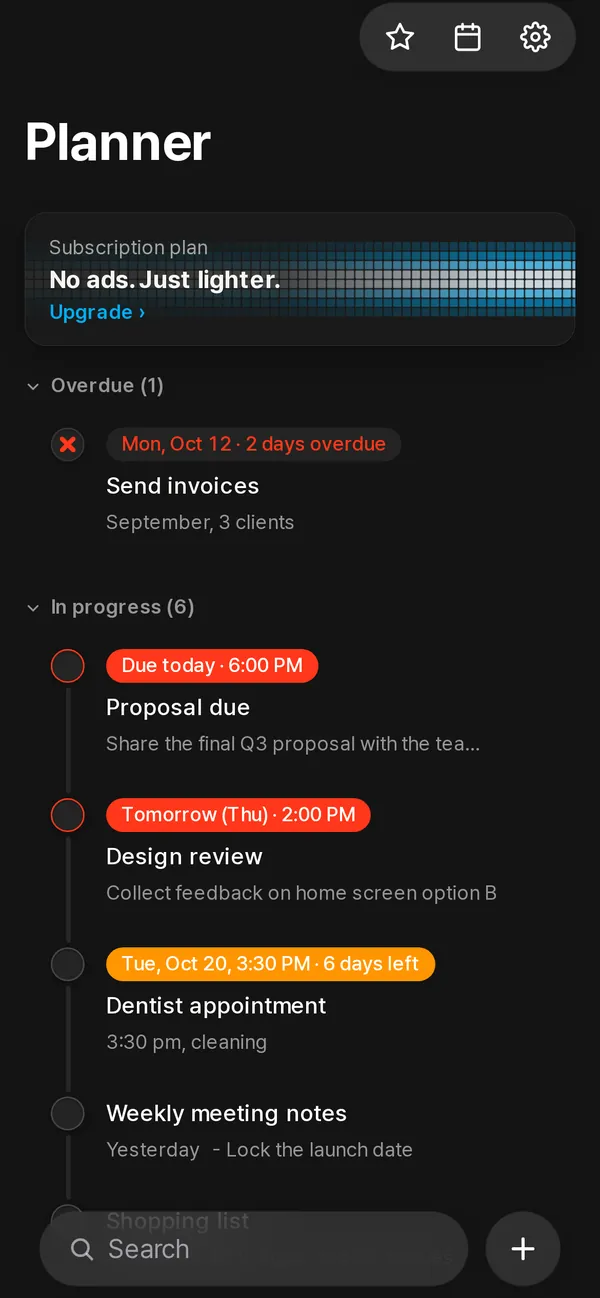iPhone first screen — the Planner