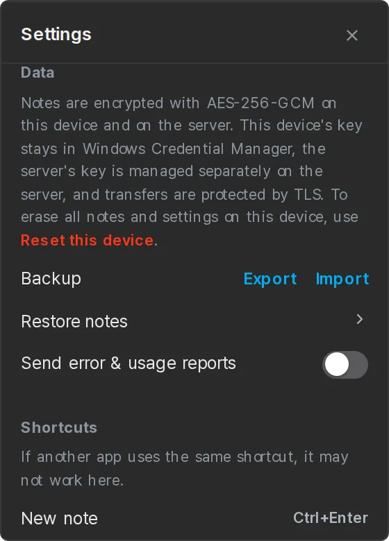 Data section in PC Settings — encryption note and Backup Export/Import