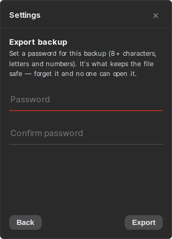Export backup — Password and Confirm password fields